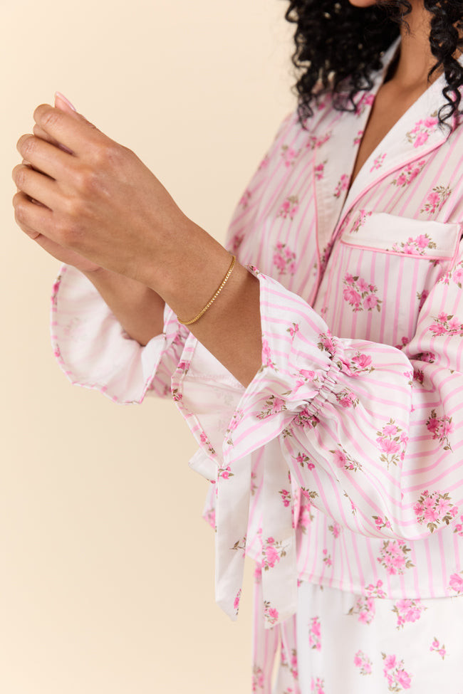 Sleep On My Side Pink Floral Satin Long Sleeve Pajama Top FINAL SALE-Sunny Prom