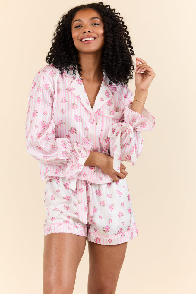 Sleep On My Side Pink Floral Satin Long Sleeve Pajama Top FINAL SALE-Sunny Prom