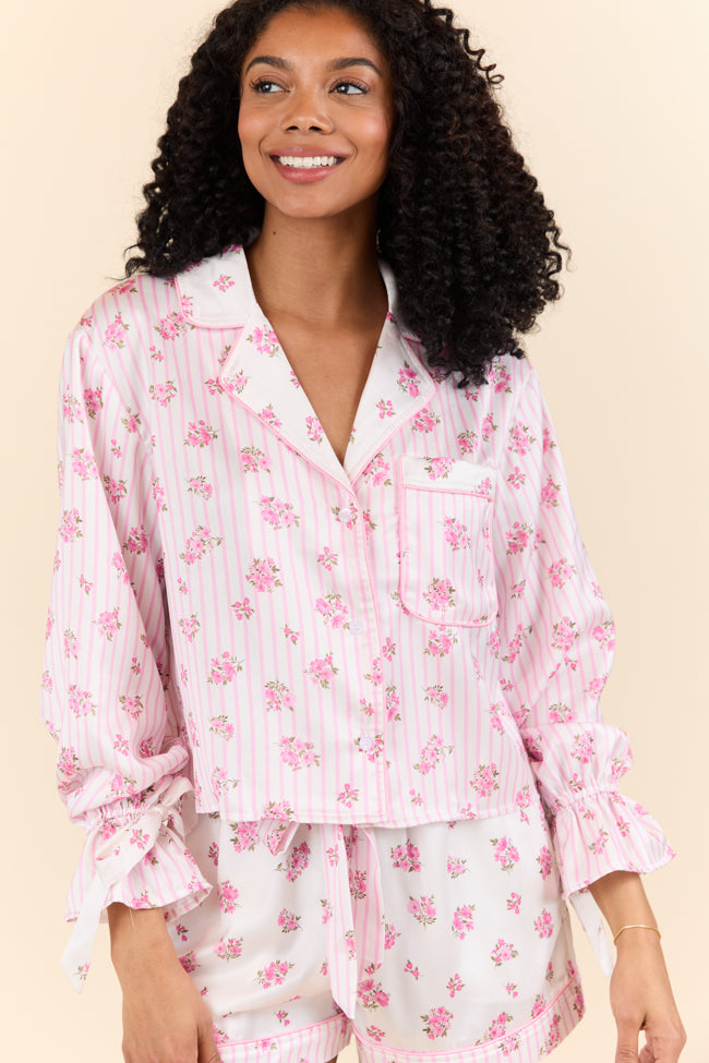 Sleep On My Side Pink Floral Satin Long Sleeve Pajama Top FINAL SALE-Sunny Prom