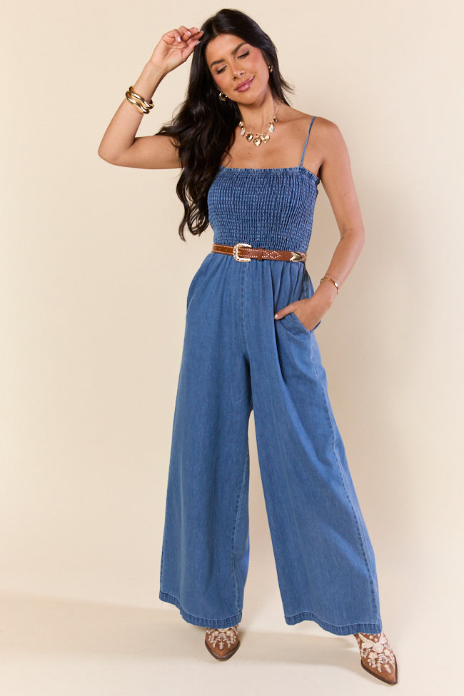 Showstopper Denim Smocked Jumpsuit SALE-Sunny Prom