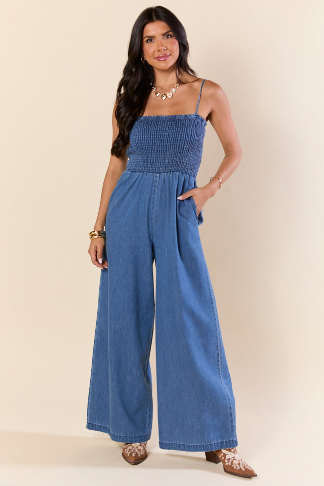 Showstopper Denim Smocked Jumpsuit SALE-Sunny Prom