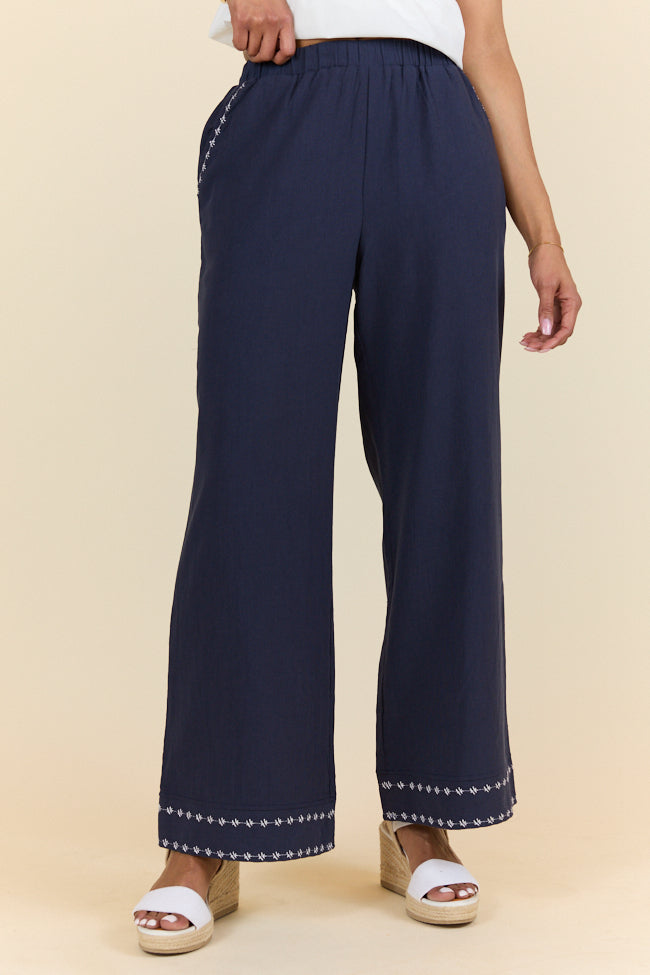 Just Feels Right Navy Embroidered Pants FINAL SALE-Sunny Prom