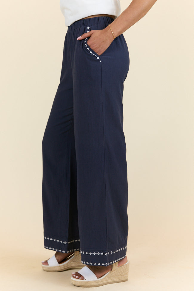 Just Feels Right Navy Embroidered Pants FINAL SALE-Sunny Prom