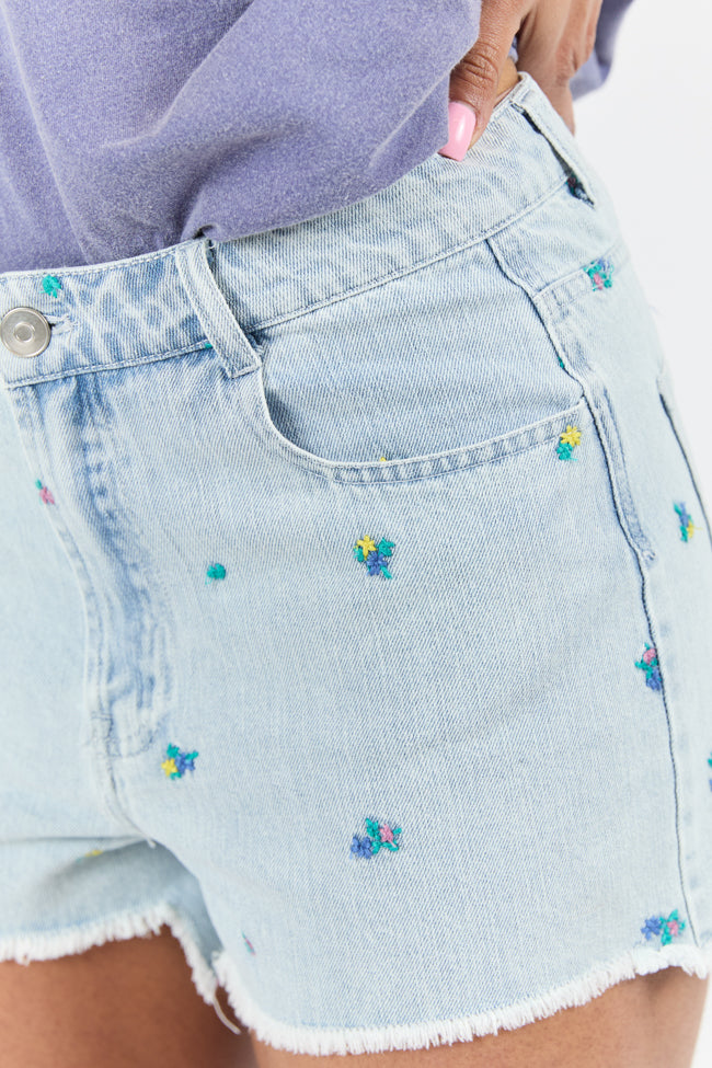 Faded Gardens Light Wash Floral Embroidered Denim Shorts SALE-Sunny Prom