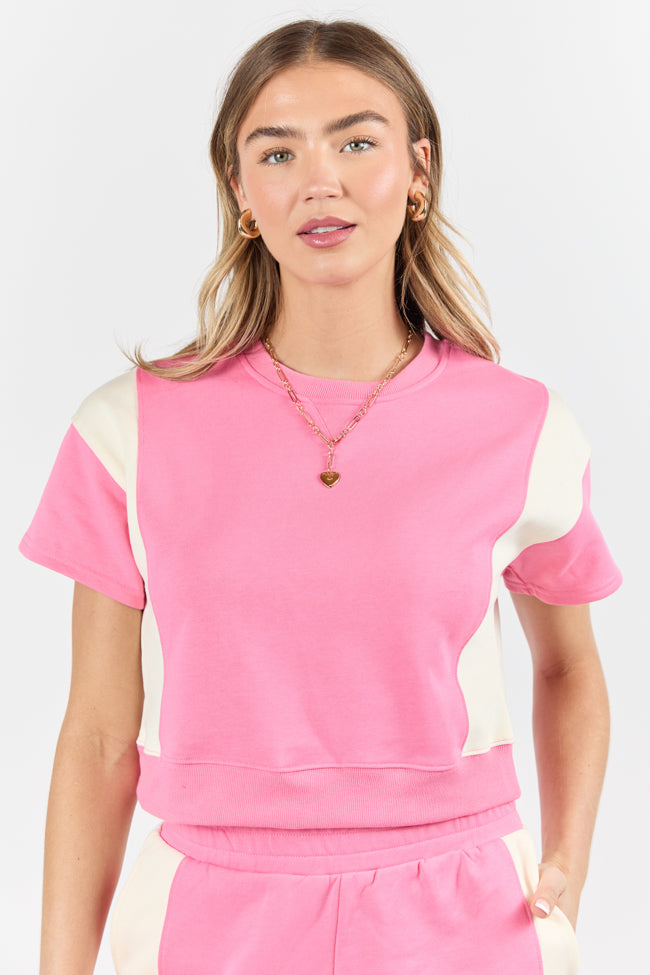 Make Or Break Pink and Ivory Contrast French Terry Short Sleeve Sweatshirt SALE-Sunny Prom