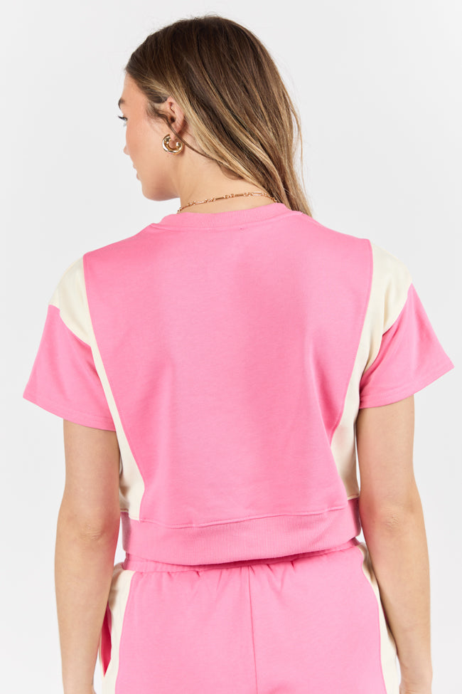 Make Or Break Pink and Ivory Contrast French Terry Short Sleeve Sweatshirt SALE-Sunny Prom