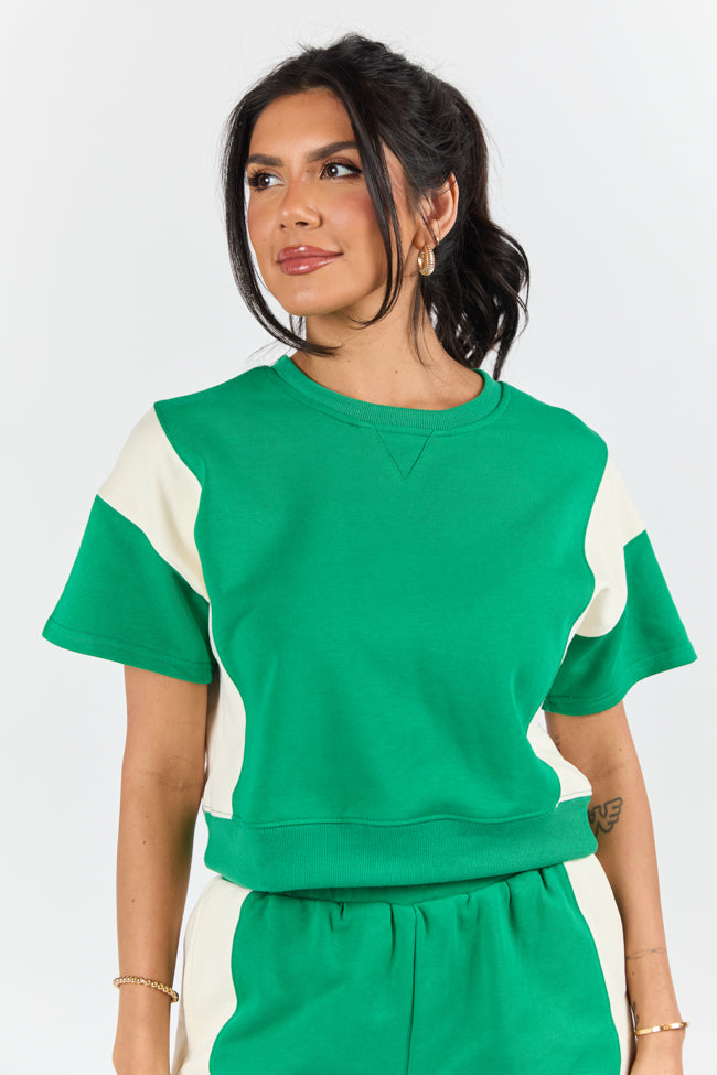 Make Or Break Green and Ivory Contrast French Terry Short Sleeve Sweatshirt FINAL SALE-Sunny Prom