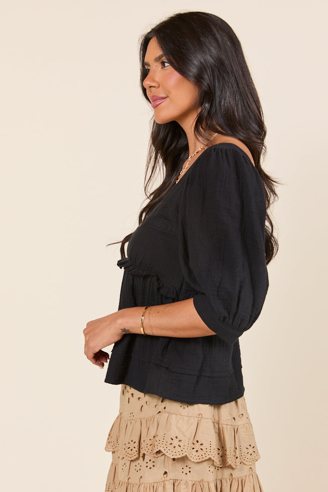 No Rush Black Babydoll Button Woven Top FINAL SALE-Sunny Prom