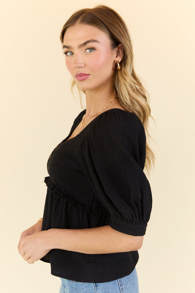 No Rush Black Babydoll Button Woven Top FINAL SALE-Sunny Prom