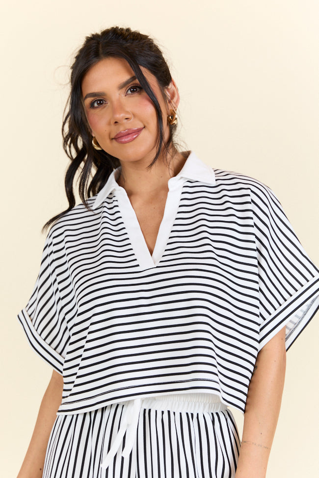 Move With Purpose White And Black Knit Striped Cropped Shirt SALE-Sunny Prom