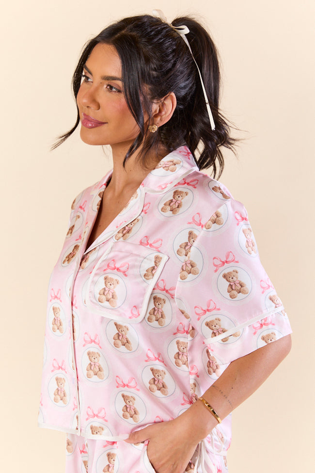 Snuggled Up Teddy Bear Printed Contrast Tie Detail Satin Short Sleeve Pajama Top-Sunny Prom