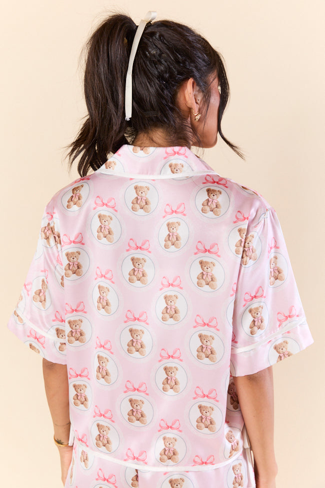 Snuggled Up Teddy Bear Printed Contrast Tie Detail Satin Short Sleeve Pajama Top-Sunny Prom