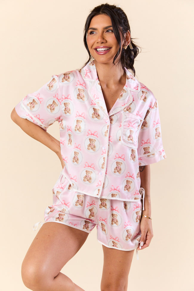 Snuggled Up Teddy Bear Printed Contrast Tie Detail Satin Short Sleeve Pajama Top-Sunny Prom