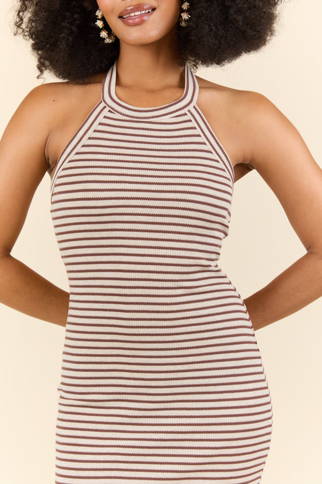 Walk By The Water Brown Striped Knit Razor Back Dress SALE-Sunny Prom