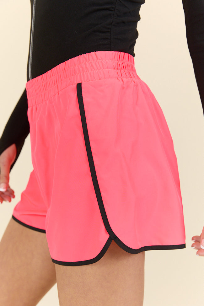 On The Move Neon Coral Contrast Trim Running Shorts FINAL SALE-Sunny Prom