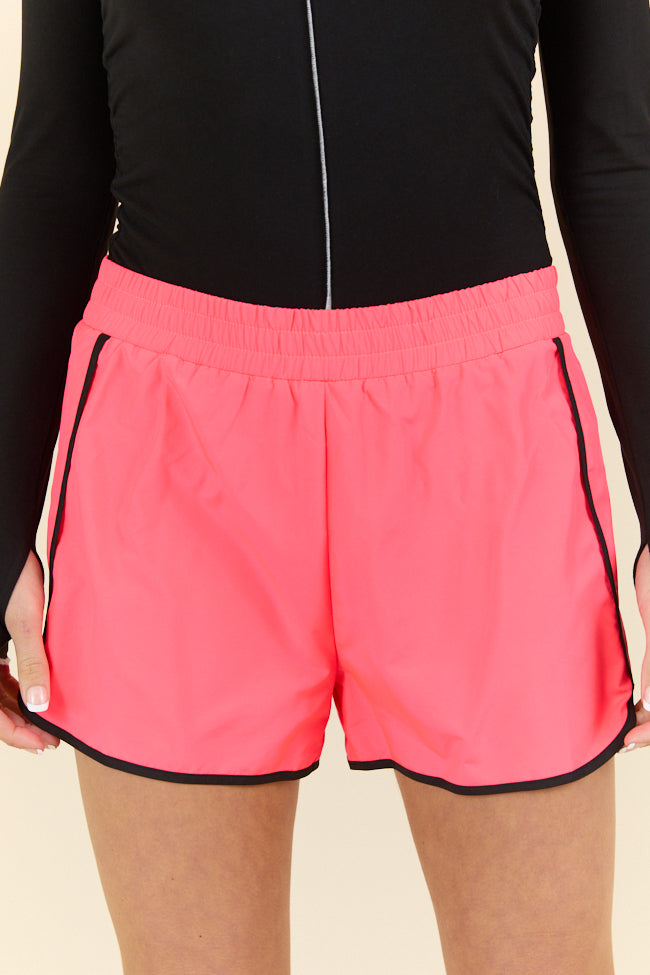 On The Move Neon Coral Contrast Trim Running Shorts FINAL SALE-Sunny Prom