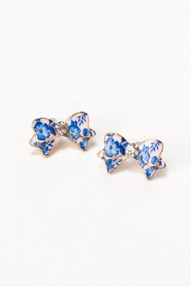 Blue Floral Printed Bow Earrings-Sunny Prom