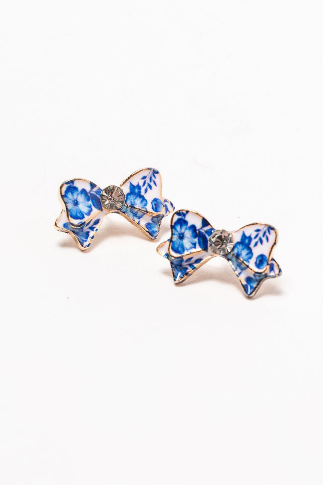 Blue Floral Printed Bow Earrings-Sunny Prom