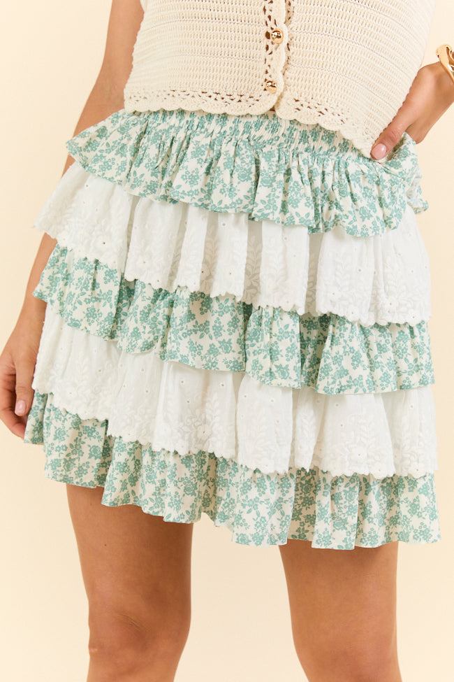 Best Memory Sage and Ivory Floral Tiered Ruffle Skort SALE-Sunny Prom