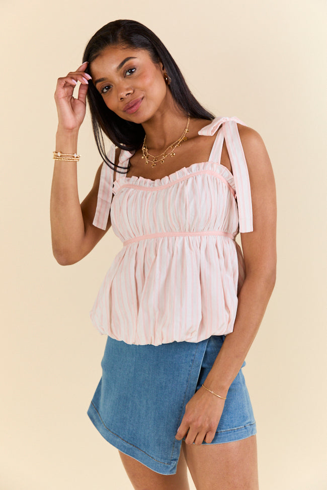 Makes My Heart Smile Pink and Cream Striped Tie Shoulder Top FINAL SALE-Sunny Prom