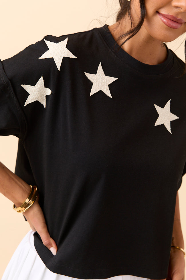 Sally Black Stars Cropped Knit Short Sleeve Top-Sunny Prom