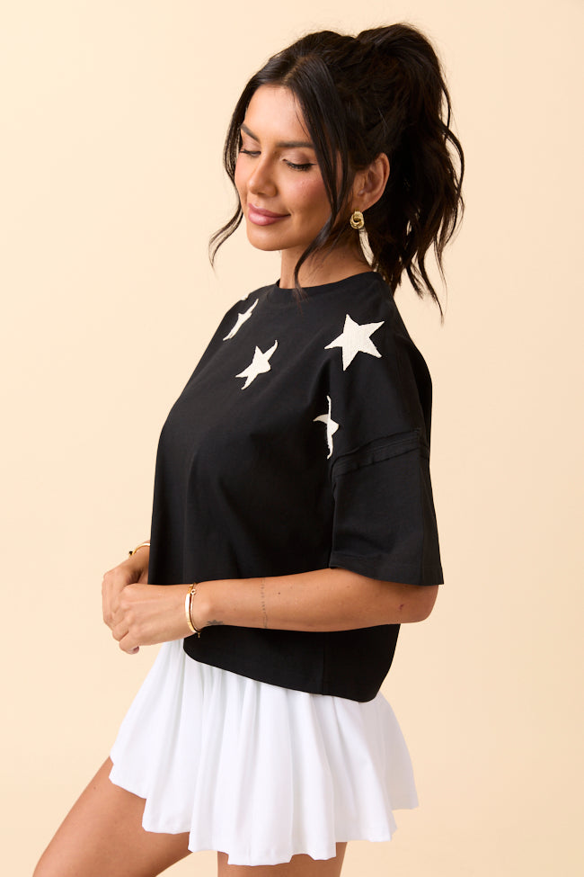 Sally Black Stars Cropped Knit Short Sleeve Top-Sunny Prom