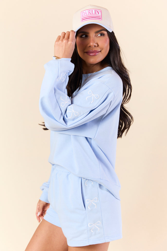 Just Imagine It Light Blue Bow Crewneck Long Sleeve Sweatshirt-Sunny Prom