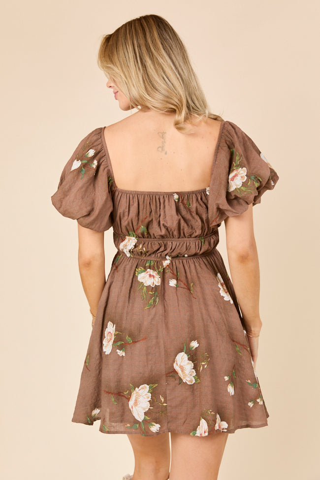 Cassandra Brown Puff Sleeve Mini Dress-Sunny Prom