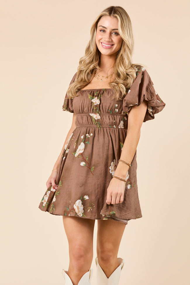 Cassandra Brown Puff Sleeve Mini Dress-Sunny Prom