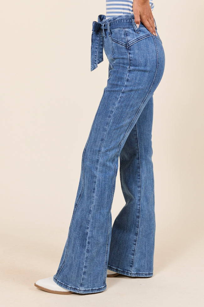 Jocelyn Dark Wash Tie Waist Flare Leg Jeans-Sunny Prom