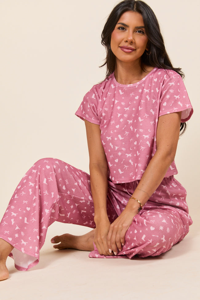 Lainey Waffle Knit Pink Western Icon Pajama Top-Sunny Prom