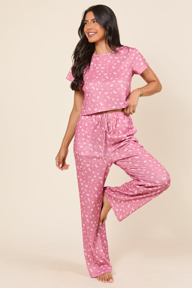 Lainey Waffle Knit Pink Western Icon Pajama Top-Sunny Prom