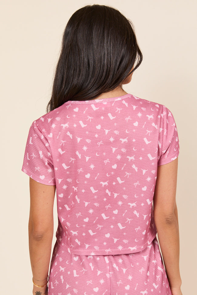 Lainey Waffle Knit Pink Western Icon Pajama Top-Sunny Prom