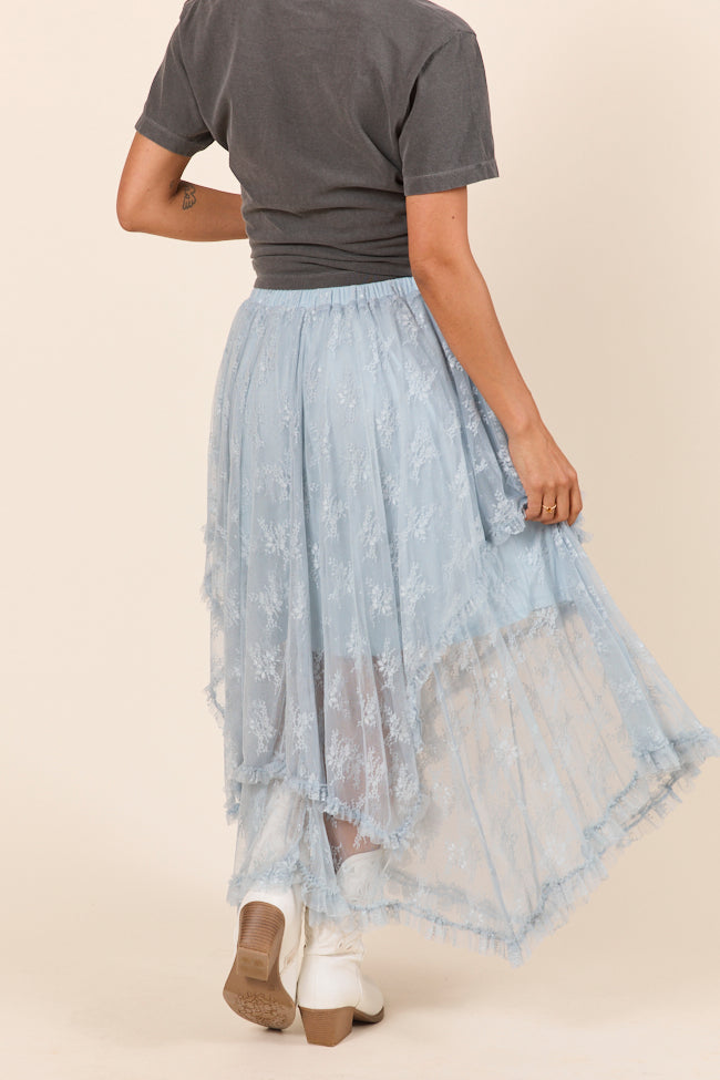 Cynthia Dusty Blue All Over Lace Hanky Hem Skirt-Sunny Prom