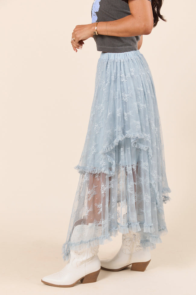 Cynthia Dusty Blue All Over Lace Hanky Hem Skirt-Sunny Prom