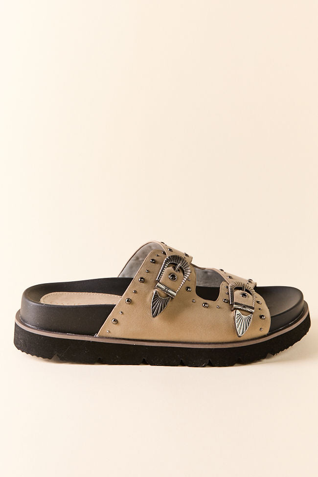 Effie Taupe Buckle Slide Sandals-Sunny Prom