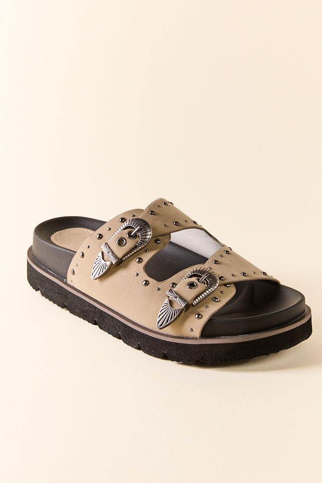 Effie Taupe Buckle Slide Sandals-Sunny Prom