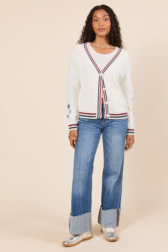 Brie Striped Trim Varsity Long Sleeve Cardigan-Sunny Prom