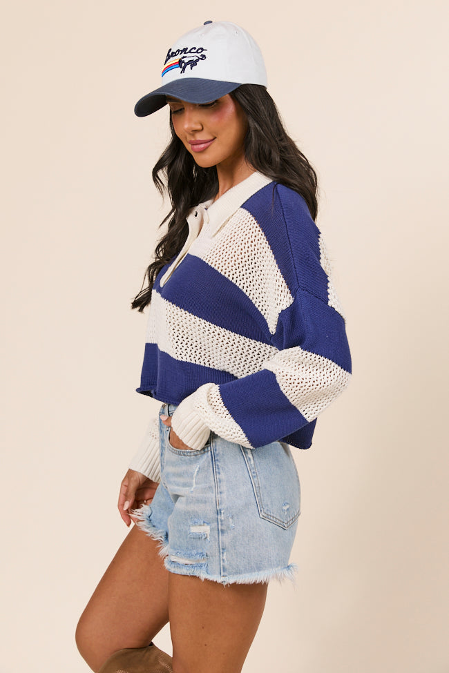 Zebb Long Sleeve Navy Striped Open Knit Sweater-Sunny Prom
