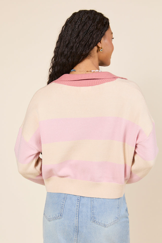 Hibiscus Pink and Cream Striped Collared V-Neck Sweater-Sunny Prom