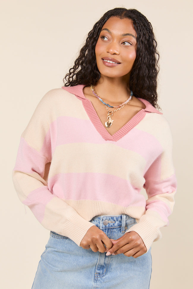 Hibiscus Pink and Cream Striped Collared V-Neck Sweater-Sunny Prom