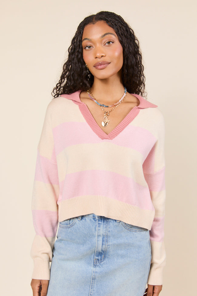 Hibiscus Pink and Cream Striped Collared V-Neck Sweater-Sunny Prom