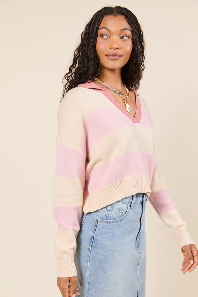 Hibiscus Pink and Cream Striped Collared V-Neck Sweater-Sunny Prom
