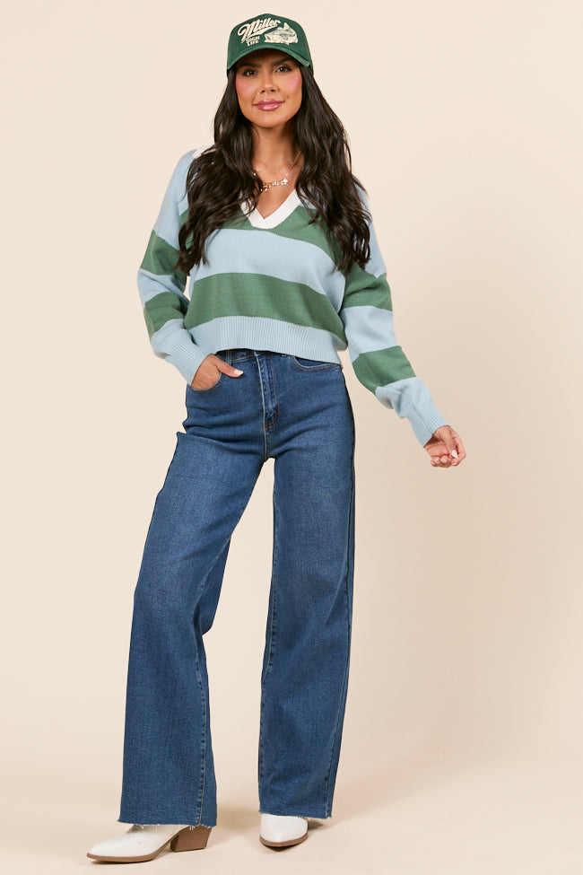 Hibiscus Blue and Green Striped Collared V-Neck Sweater-Sunny Prom