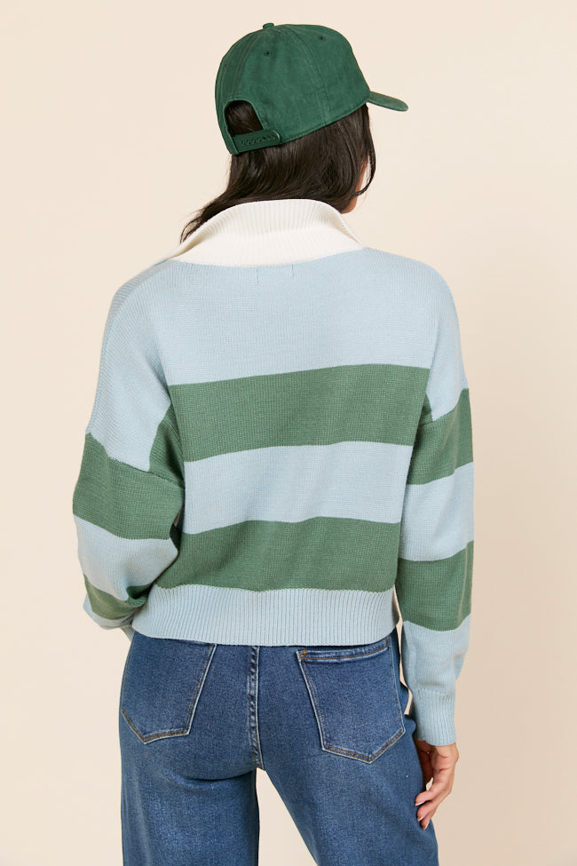 Hibiscus Blue and Green Striped Collared V-Neck Sweater-Sunny Prom
