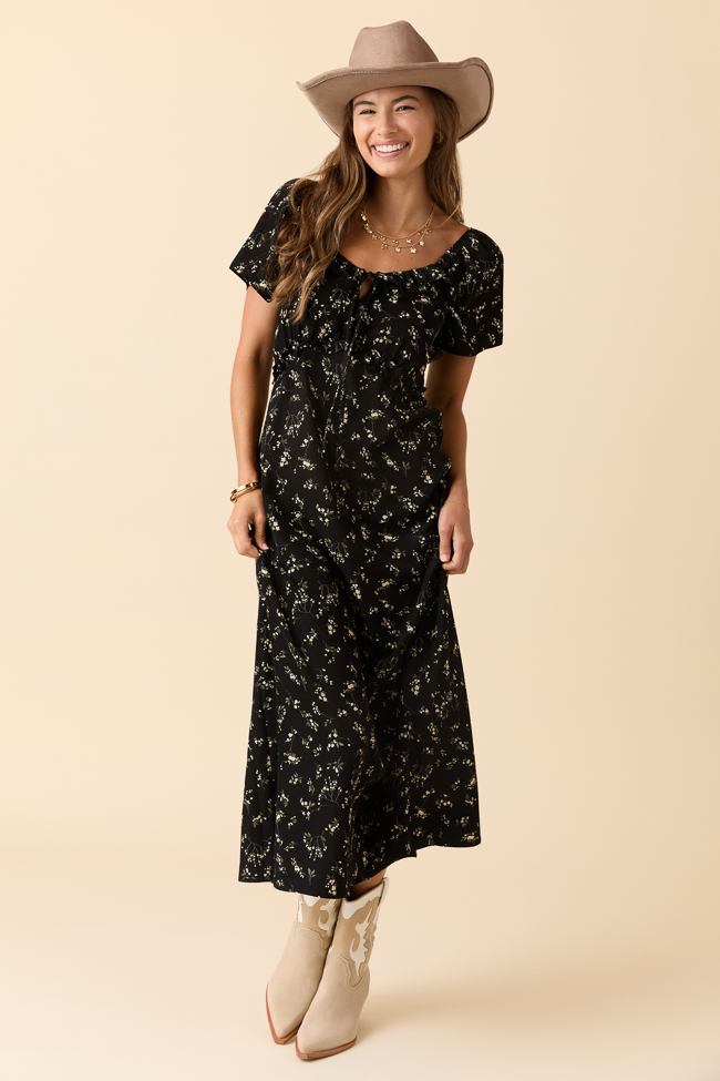 Bethany Black Floral Print Maxi Dress-Sunny Prom