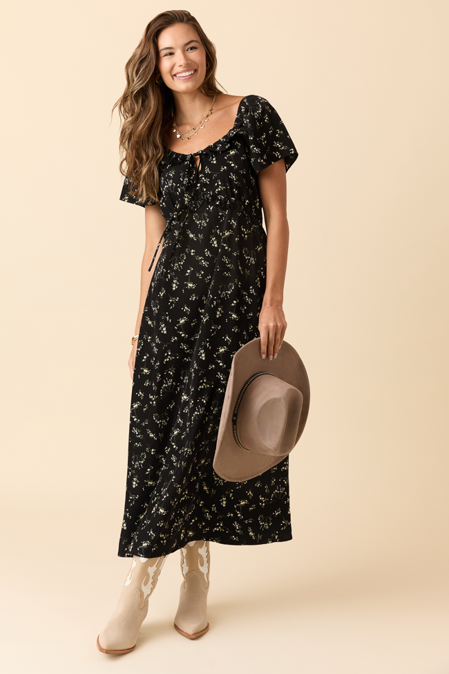 Bethany Black Floral Print Maxi Dress-Sunny Prom