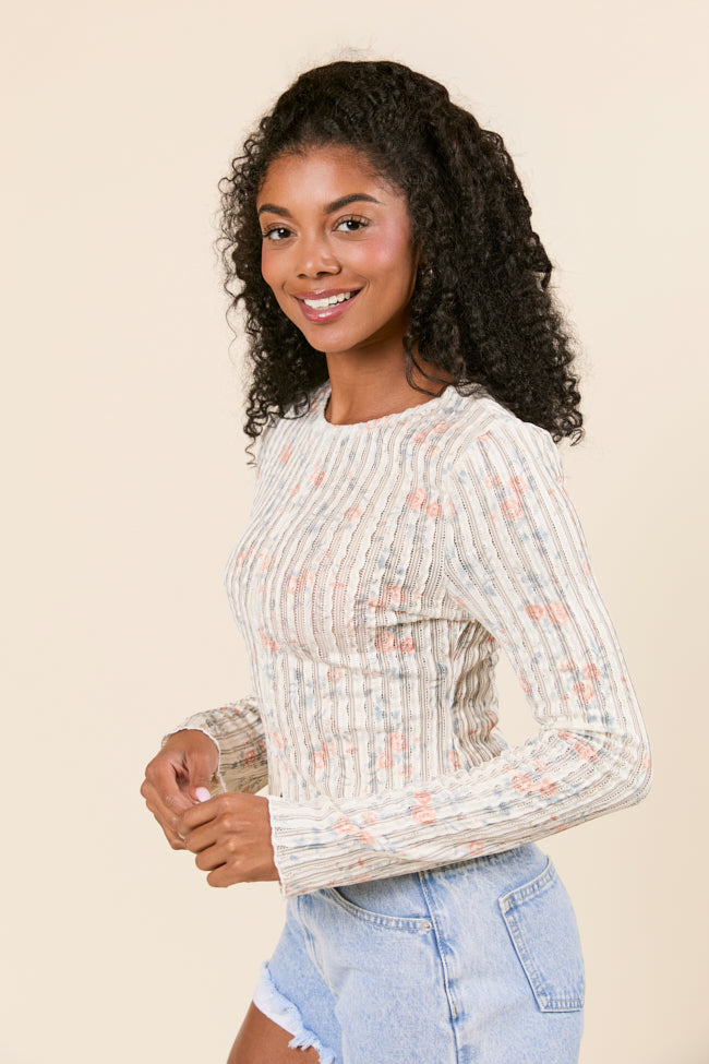London Button Detail Floral Long Sleeve Knit Top-Sunny Prom