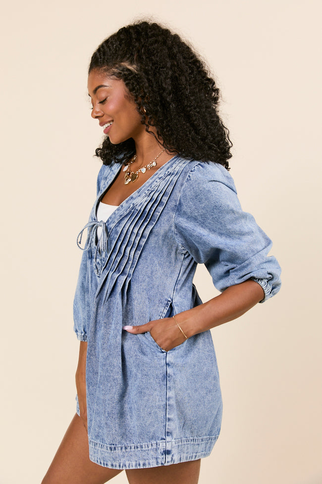 Eleanor Long Sleeve Chambray Romper-Sunny Prom