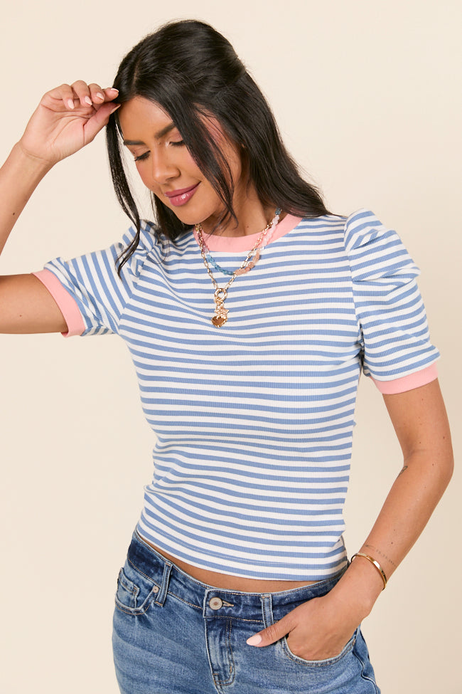 Hagan Gathered Short Sleeve Blue Stripe Knit Tee-Sunny Prom